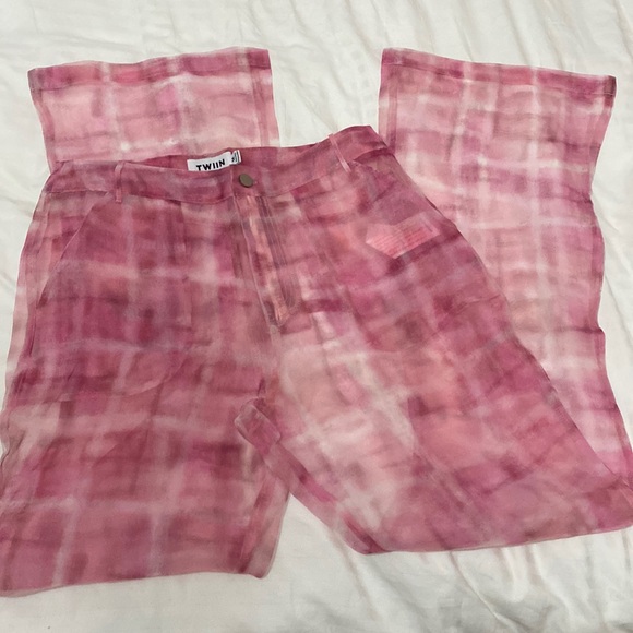 Super cute sheer pink tie dye checkered boot cut flare pants Y2K - Picture 1 of 4